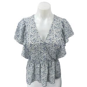 Madewell Georgette Blue Floral Ruffle Flutter Sleeve V-Neck Peplum Blouse Top S